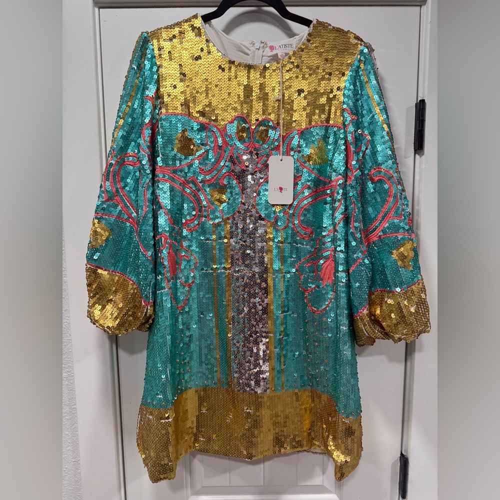 L'ATISTE by AMY Vibrant Sequin Dress in Blue and Gold Size L. - Picture 3 of 9